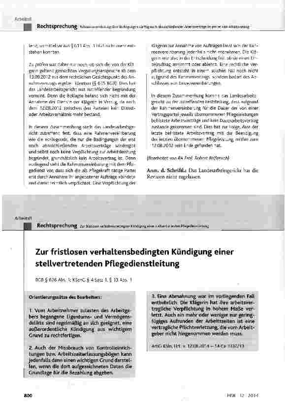 Vorschauseite 1: Zur fristlosen verhaltensbedingten Kündigung einer stellvertretenden Pflegedienstleitung BGB § 626 Abs. 1; KSchG § 4 Satz 1, § 13 Abs. 1