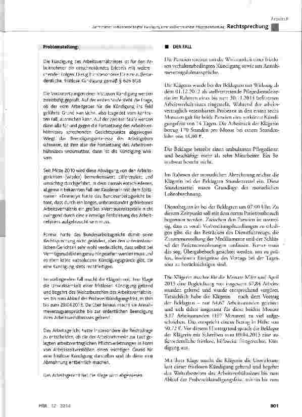 Vorschauseite 2: Zur fristlosen verhaltensbedingten Kündigung einer stellvertretenden Pflegedienstleitung BGB § 626 Abs. 1; KSchG § 4 Satz 1, § 13 Abs. 1