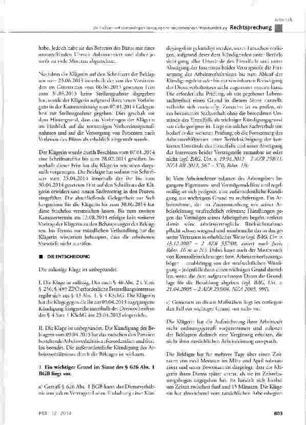Vorschauseite 4: Zur fristlosen verhaltensbedingten Kündigung einer stellvertretenden Pflegedienstleitung BGB § 626 Abs. 1; KSchG § 4 Satz 1, § 13 Abs. 1