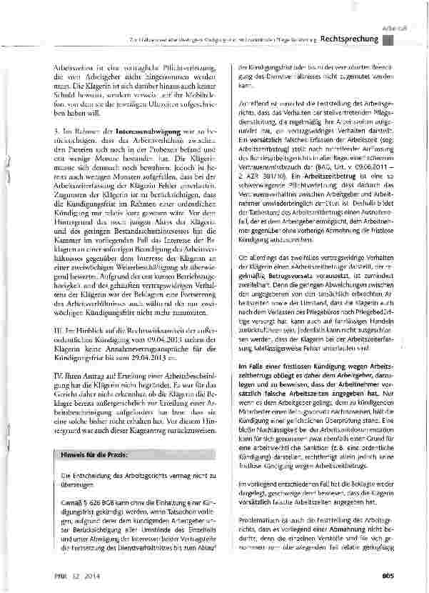 Vorschauseite 6: Zur fristlosen verhaltensbedingten Kündigung einer stellvertretenden Pflegedienstleitung BGB § 626 Abs. 1; KSchG § 4 Satz 1, § 13 Abs. 1