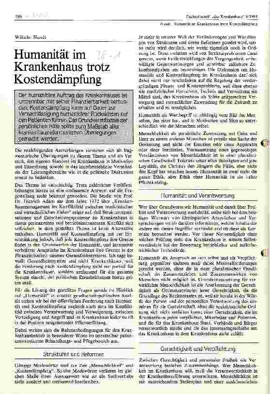 Vorschauseite 1: Humanität im Krankenhaus trotz Kostendämpfung