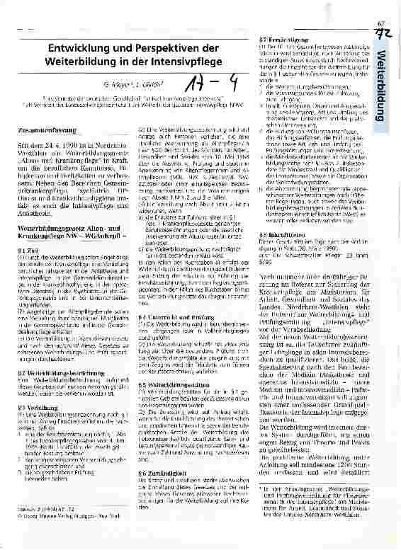 Vorschauseite 1: Entwicklung und Perspektiven der Weiterbildung in der Intensivpflege