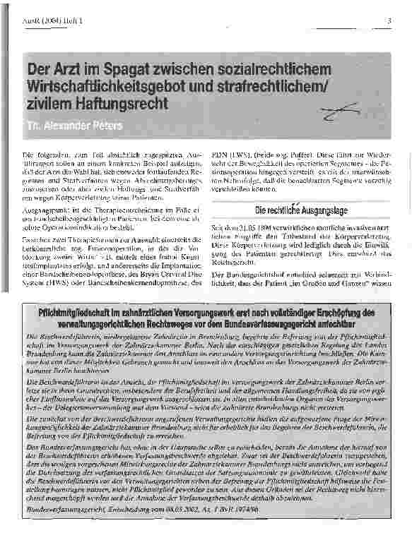 Vorschauseite 1: Der Arzt im Spagat zwischen sozialrechtlichem Wirtschaftlichkeitsgebot und strafrechtlichem/zivilem Haftungsrecht