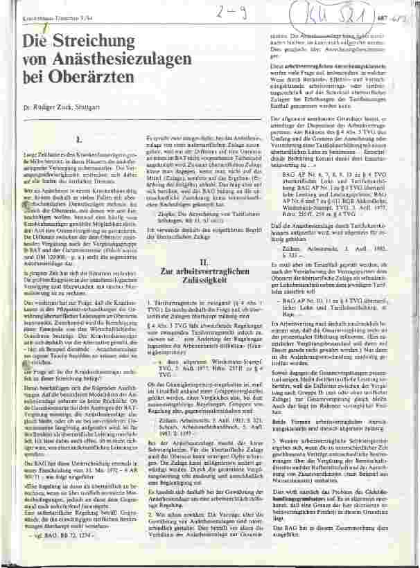 Vorschauseite 1: Die Streichung von Anästhesiezulagen bei Oberärzten