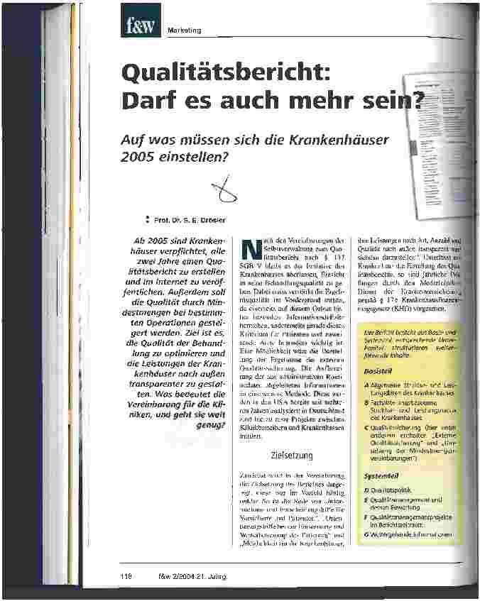 Vorschauseite 1: Qualitätsbericht: Darf es auch mehr sein? Auf was müssen sich die Krankenhäuser 2005 einstellen?