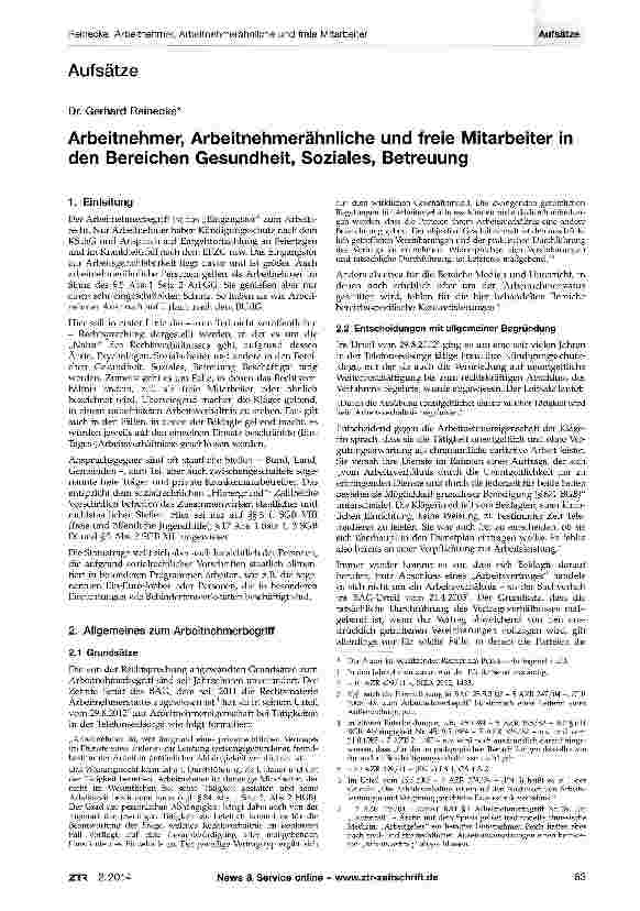 Vorschauseite 1: Arbeitnehmer, Arbeitnehmerähnliche und freie Mitarbeiter in den Bereichen Gesundheit, Soziales, Betreuung