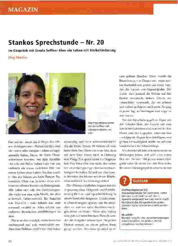 Vorschauseite 1: Stankos Sprechstunde - Nr. 20 Im Gespräch mit Ursula Soffner über ein Leben mit Hörbehinderung