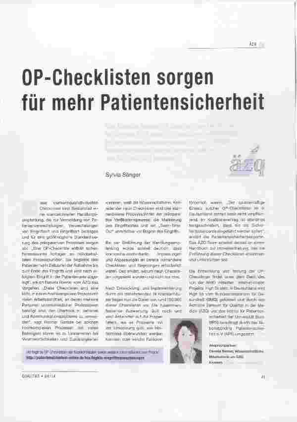 Vorschauseite 1: OP-Checklisten sorgen für mehr Patientensicherheit