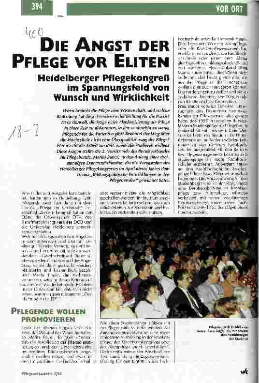 Vorschauseite 1: Die Angst der Pflege vor Eliten Heidelberger Pflegekongreß im Spannungsfeld von Wunsch und Wirklichkeit