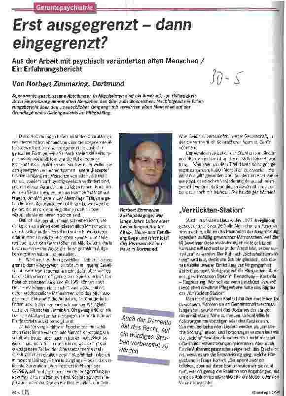 Vorschauseite 1: Erst ausgegrenzt - dann eingegrenzt? Aus der Arbeit mit psychisch veränderten alten Menschen/Erfahrungsber.