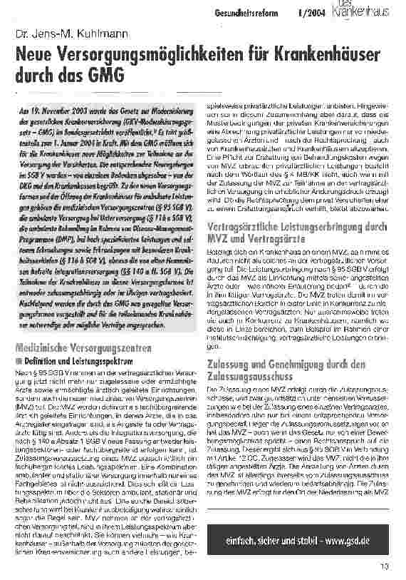 Vorschauseite 1: Neue Versorgungsmöglichkeiten für Krankenhäuser durch das GMG