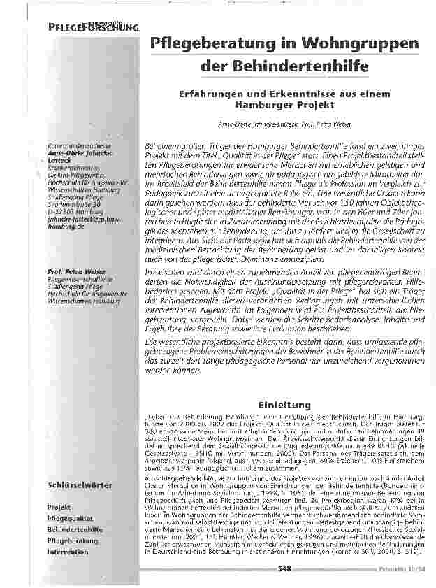 Vorschauseite 1: Pflegeberatung in Wohngruppen der BehindertenhilfeErfahrungen und Erkenntnisse aus einem Hamburger Projekt