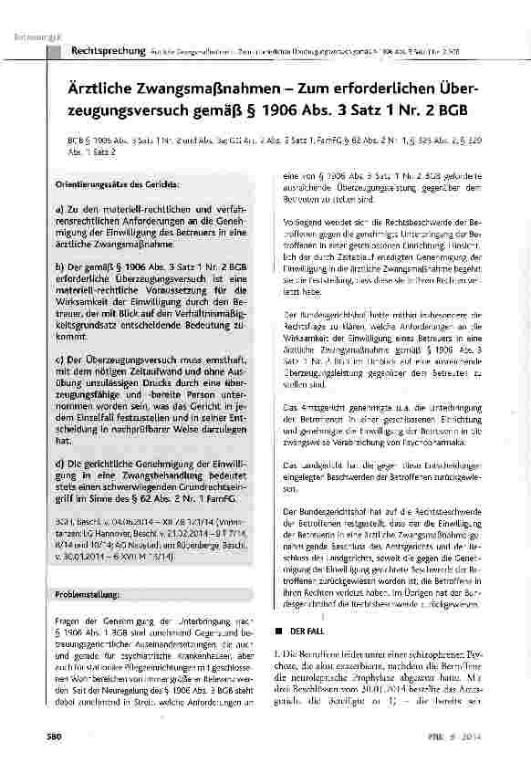 Vorschauseite 1: Ärztliche Zwangsmaßnahmen - Zum erforderlichen Überzeugungsversuch gemäß § 1906 Abs. 3 Satz 1 Nr. 2