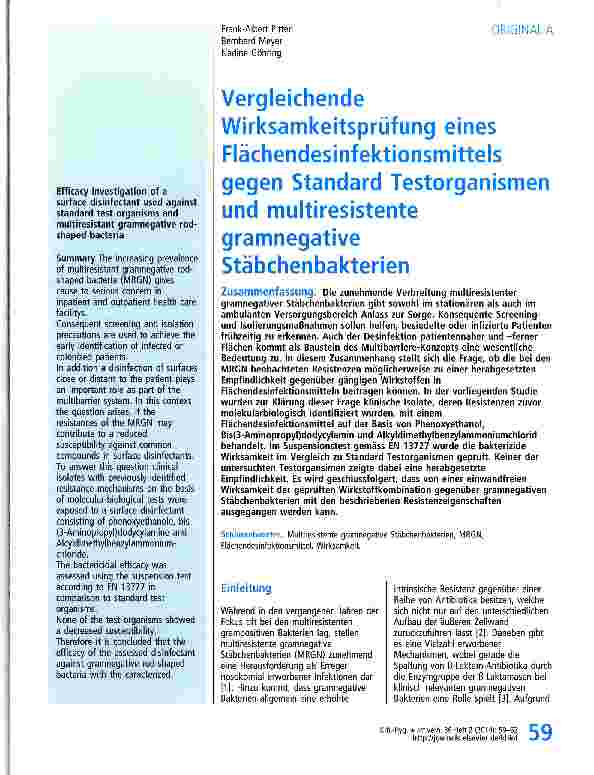 Vorschauseite 1: Vergleichende Wirksamkeitsprüfung eines Flächendesinfektionsmittels gegen Standard Testorganismen und multiresistente gramnegative Stäbchenbakterien