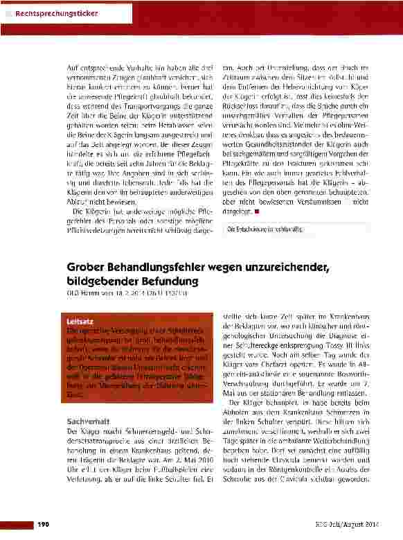 Vorschauseite 1: Grober Behandlungsfehler wegen unzureichender, begebender Befundung OLG Hamm vom 18.2.2014 (26 U 152/13)
