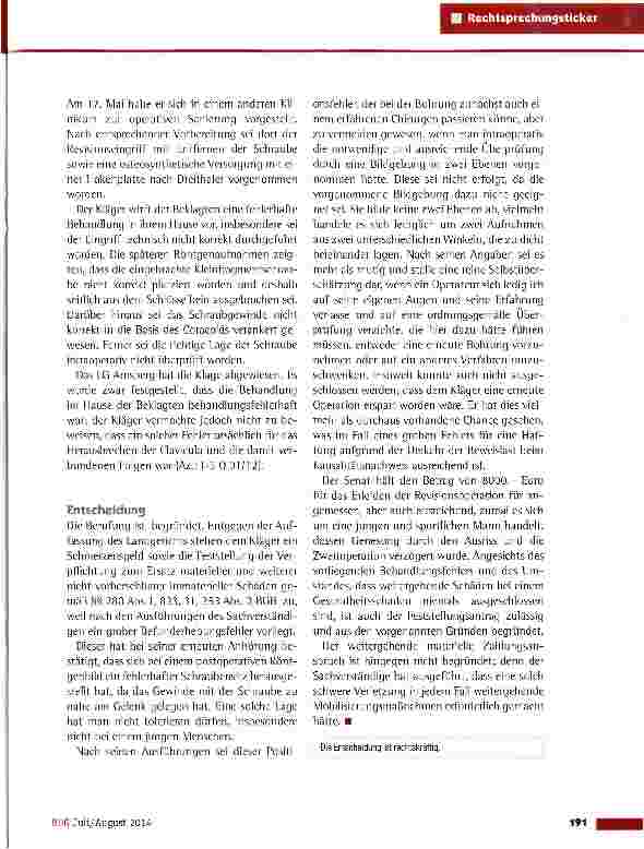 Vorschauseite 2: Grober Behandlungsfehler wegen unzureichender, begebender Befundung OLG Hamm vom 18.2.2014 (26 U 152/13)