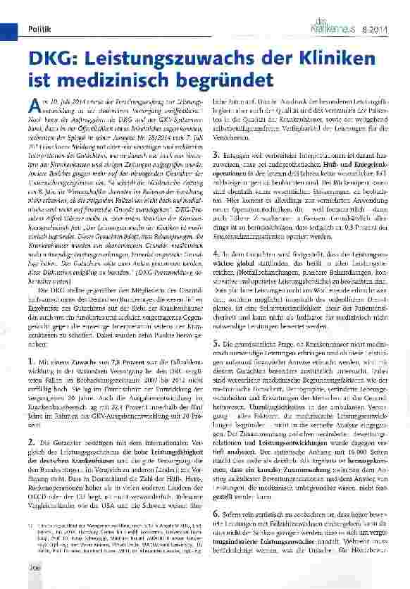 Vorschauseite 1: DKG: Leistungszuwachs der Kliniken ist medizinisch begründet