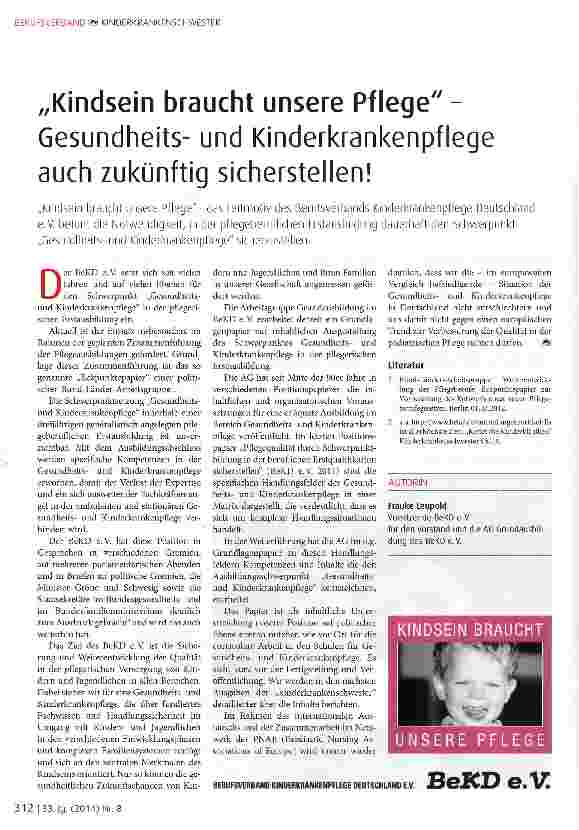 Vorschauseite 1: „Kindsein braucht unsere Pflege -Gesundheitsund Kinderkrankenpflege auch zukünftig sicherstellen!