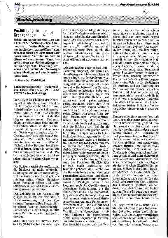 Vorschauseite 1: Postöffnung im Krankenhaus Landesarbeitsgericht Niedersachsen 15.9.93 - 5 Sa 1772/92