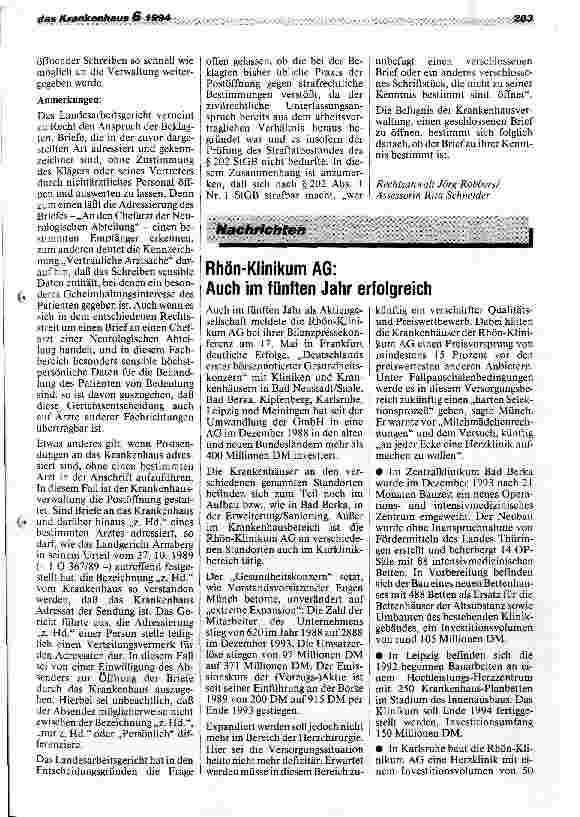 Vorschauseite 2: Postöffnung im Krankenhaus Landesarbeitsgericht Niedersachsen 15.9.93 - 5 Sa 1772/92