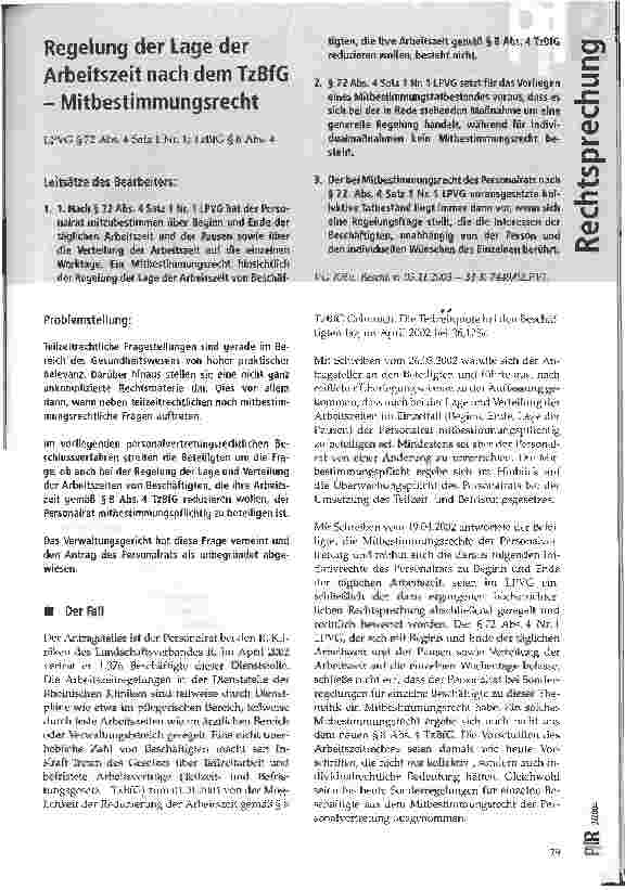 Vorschauseite 1: Regelung der Lage der Arbeitszeit nach dem TzBfG - Mitbestimmungsrecht VG Köln, Beschluss vom 05.11.2003