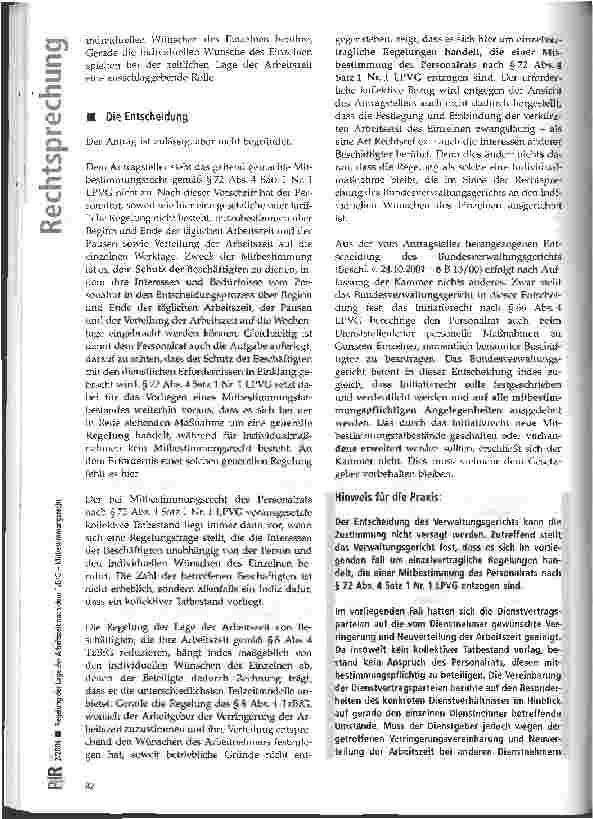 Vorschauseite 4: Regelung der Lage der Arbeitszeit nach dem TzBfG - Mitbestimmungsrecht VG Köln, Beschluss vom 05.11.2003