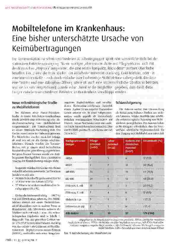 Vorschauseite 1: Mobiltelefone im Krankenhaus: Eine bisher unterschätzte Ursache von Keimübertragungen