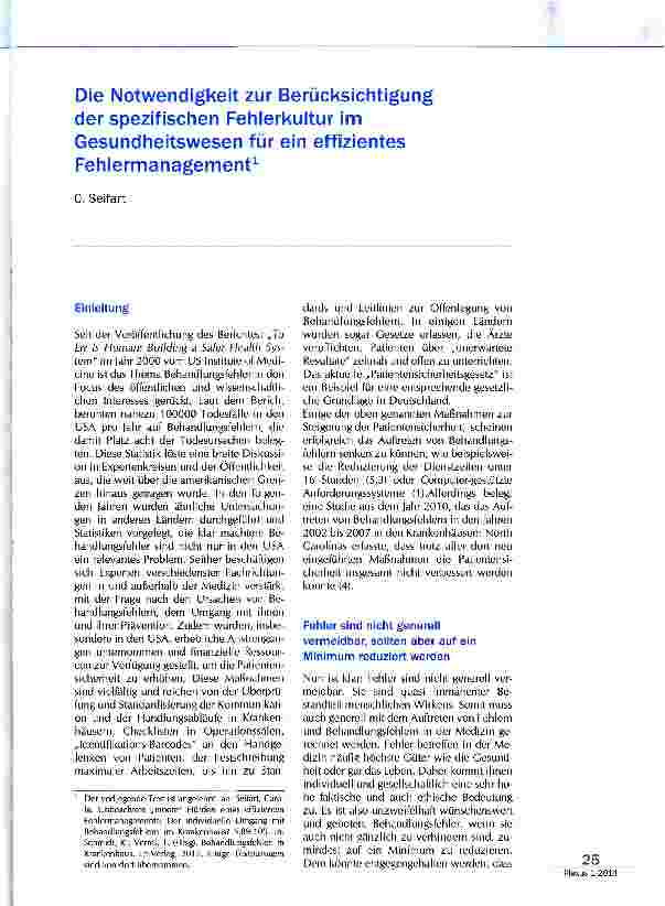 Vorschauseite 1: Die Notwendigkeit zur Berücksichtigung der spezifischen Fehlerkultur im Gesundheitswesen für ein effizientes Fehlermanagement