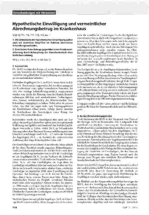 Vorschauseite 1: Hypothetische Einwilligung und vermeintlicher Abrechnungsbetrug im Krankenhaus StGB §§ 223, 224, 227, 228, 263 Abs. 1