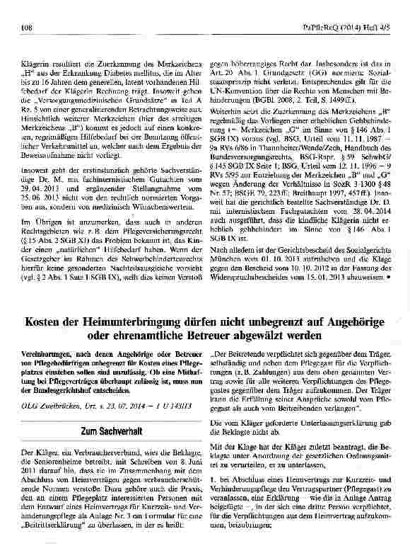Vorschauseite 1: Kosten der Heimunterbringung dürfen nicht unbegrenzt auf Angehörige oder ehrenamtliche Betreuer abgewälzt werden