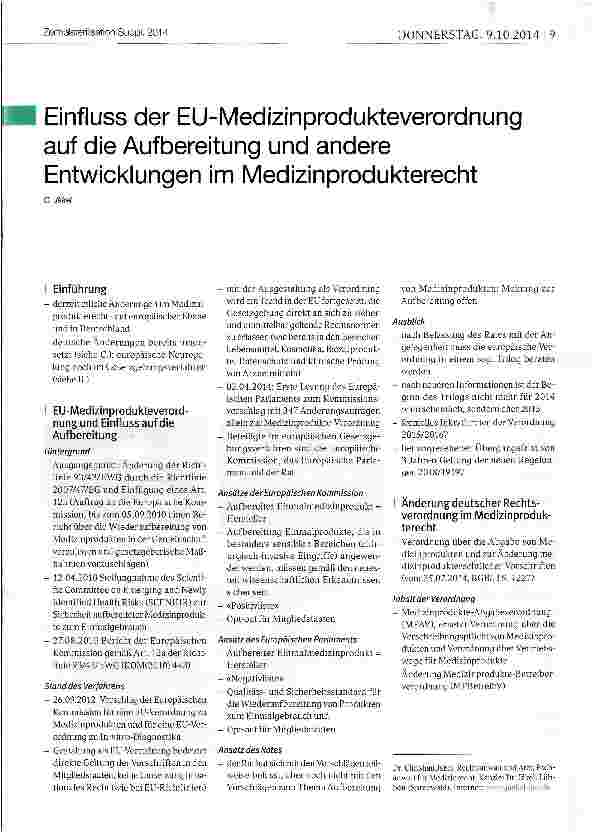 Vorschauseite 1: Einfluss der EU-Medizinprodukteverordnung auf die Aufbereitung und andere Entwicklungen im Medizinprodukterecht