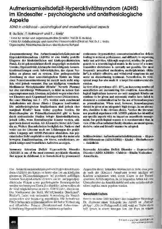 Vorschauseite 1: Aufmerksamkeitsdefizit-Hyperaktivitätssyndrom (ADHS) im Kindesalter - psychologische und anästhesiologische Aspekte