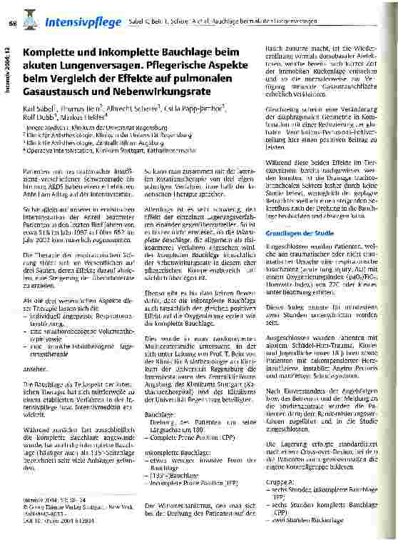 Vorschauseite 1: Komplette und inkomplette Bauchlage beim akuten Lungenversagen. Pflegerische Aspekte beim Vergleich der Effekte auf pulmonalen Gasaustausch und Nebenwirkungsrate