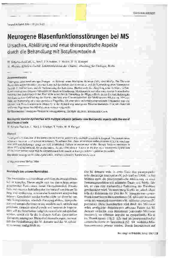 Vorschauseite 1: Neurogene Blasenfunktionsstörungen bei MSUrsachen, Abklärung und neue therapeutische Aspekte durch die Behandlung mit Botulinumtoxin-A