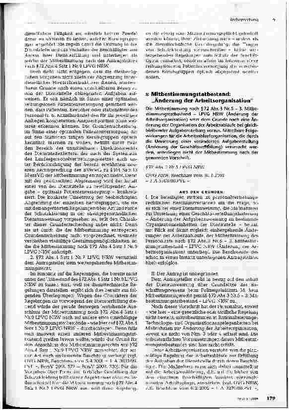 Vorschauseite 1: Mitbestimmungstatbestand: Änderung der Arbeitsorganisation OVG NRW, Beschluss vom 30.1.2003