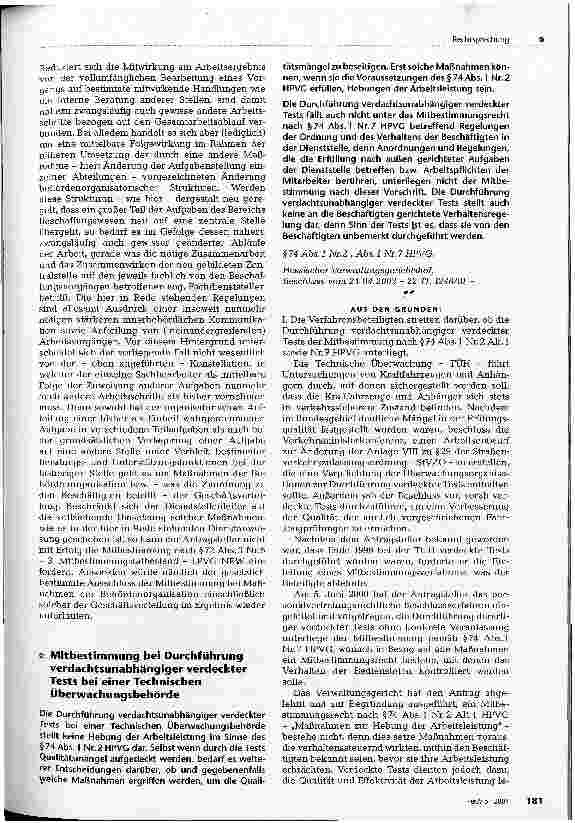 Vorschauseite 3: Mitbestimmungstatbestand: Änderung der Arbeitsorganisation OVG NRW, Beschluss vom 30.1.2003