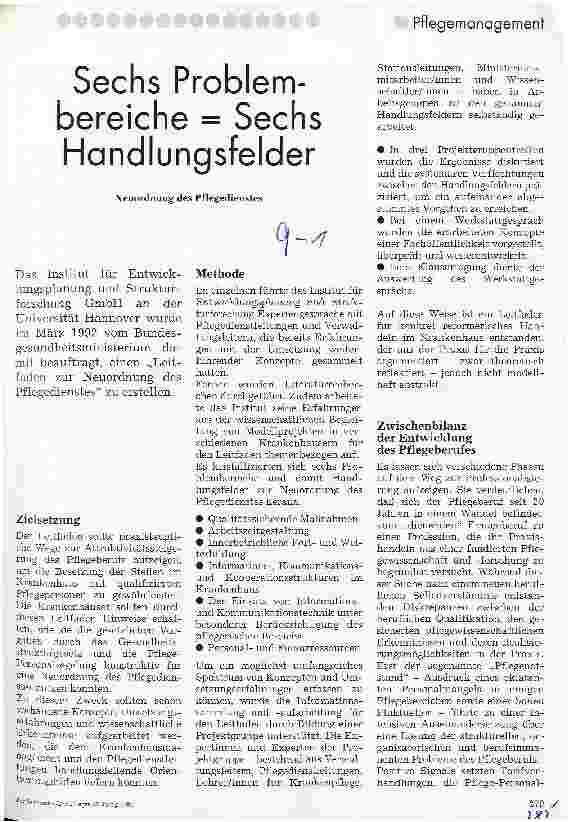 Vorschauseite 1: Sechs Problembereiche = Sechs Handlungsfelder Neuordnung des Pflegedienstes
