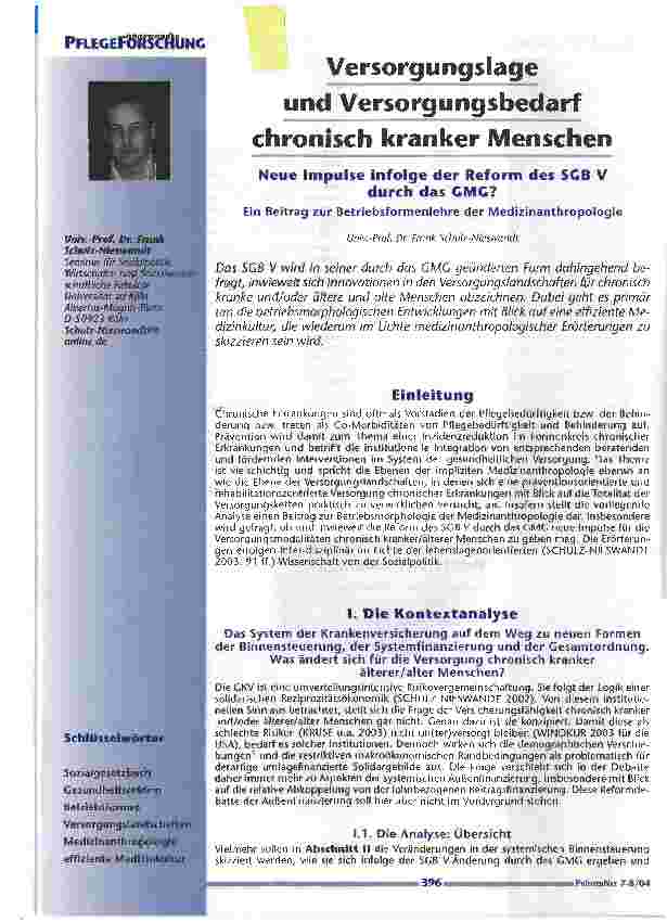 Vorschauseite 1: Versorgungslage und Versorgungsbedarf chronisch kranker MenschenNeue Impulse infolge der Reform des SGB V durch das GMG? Ein Beitrag zur Betriebsformenlehre der Medizinanthropolog…