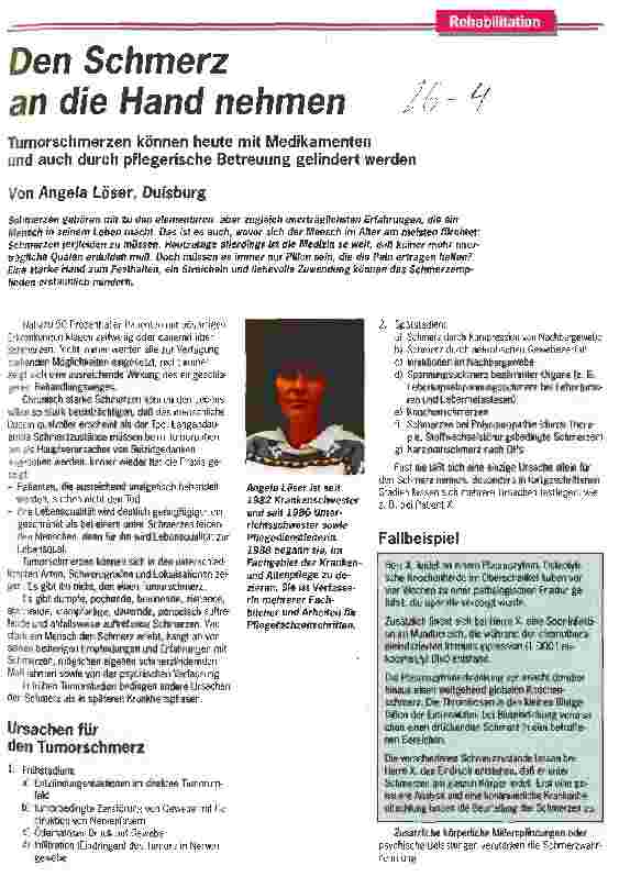 Vorschauseite 1: Den Schmerz an die Hand nehmen Tumorschmerzen können heute mit Medikamenten und auch durch pflegerische Betreuung gelindert werden