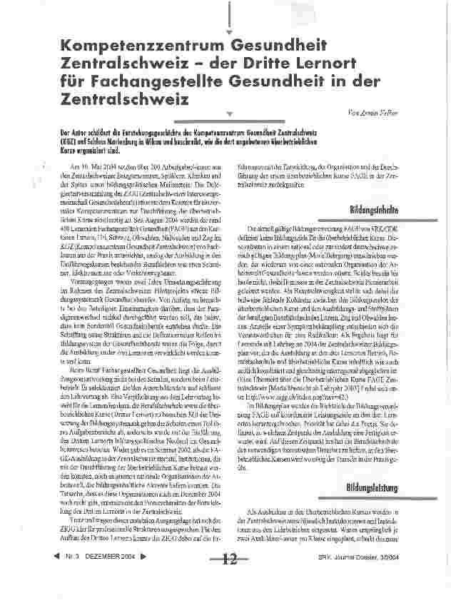 Vorschauseite 1: Kompetenzzentrum Gesundheit Zentralschweiz - der Dritte Lernort für Fachangestellte Gesundheit in der Zentralschweiz