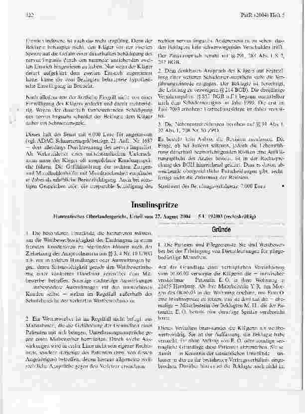 Vorschauseite 1: Insulinspritze. Hanseatisches Oberlandesgericht, Urteil vom 27. August 2004 - 5 U 192/03 (rechtskräftig)