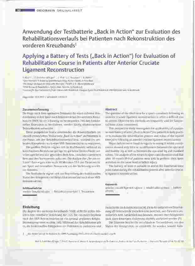 Vorschauseite 1: Anwendung der Testbatterie „Back in Action“ zur Evaluation des Rehabilitationsverlaufs bei Patienten nach Rekonstruktion des vorderen Kreuzbands