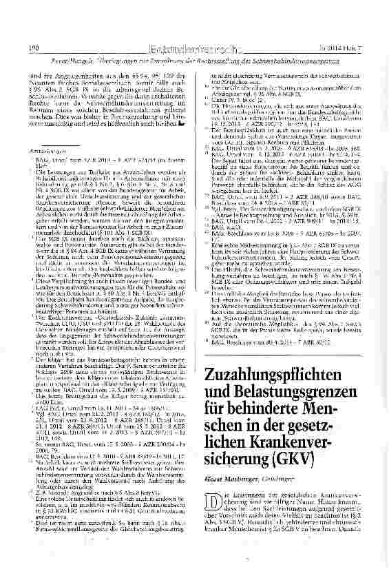 Vorschauseite 1: Zuzahlungspflichten und Belastungsgrenzen für behinderte Menschen in der gesetzlichen Krankenversicherung (GKV)