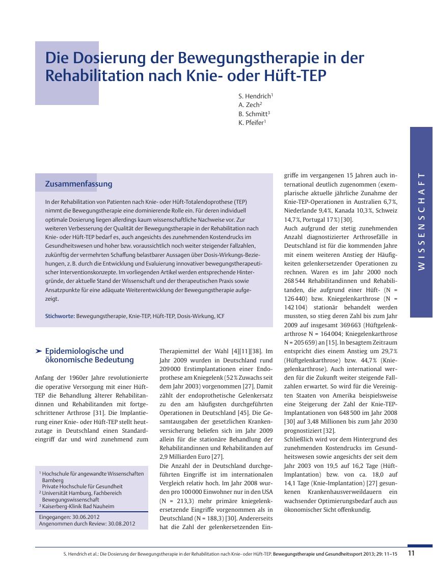 Vorschauseite 1: Die Dosierung der Bewegungstherapie in der Rehabilitation nach Knieoder Hüft-TEP