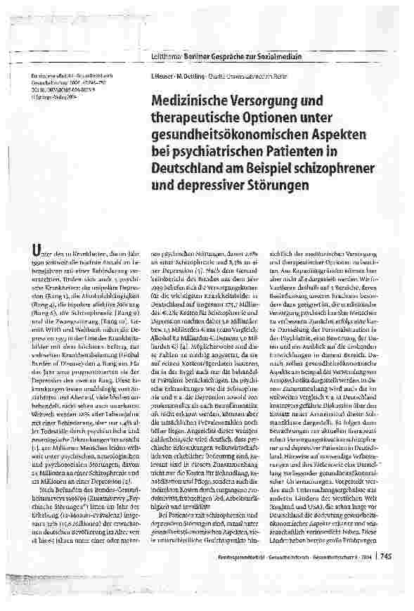 Vorschauseite 1: Medizinische Versorgung und therapeutische Optionen unter gesundheitsökonomischen Aspekten bei psychiatrischen Patienten in Deutschland am Beispiel schizophrener und depressiver S…