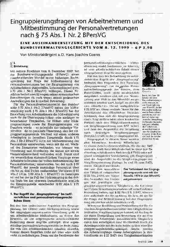 Vorschauseite 1: Eingruppierungsfragen von Arbeitnehmern und Mitbestimmnung der Personalvertretungen nach § 75 Abs. 1 Nr. 2 BPersVG Eine Auseinandersetzung mit der Entscheidung des Bundesverwaltun…
