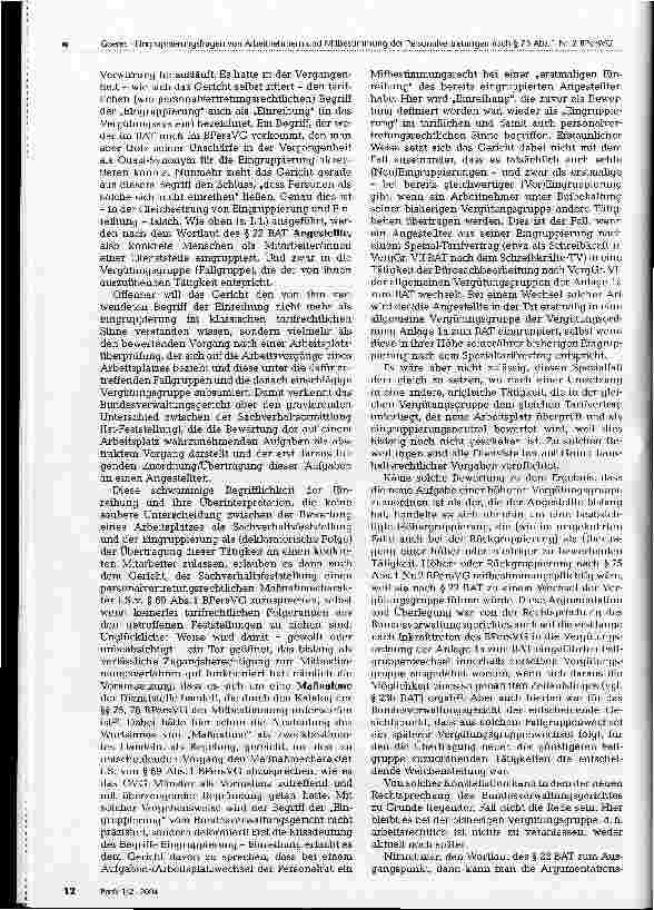 Vorschauseite 4: Eingruppierungsfragen von Arbeitnehmern und Mitbestimmnung der Personalvertretungen nach § 75 Abs. 1 Nr. 2 BPersVG Eine Auseinandersetzung mit der Entscheidung des Bundesverwaltun…