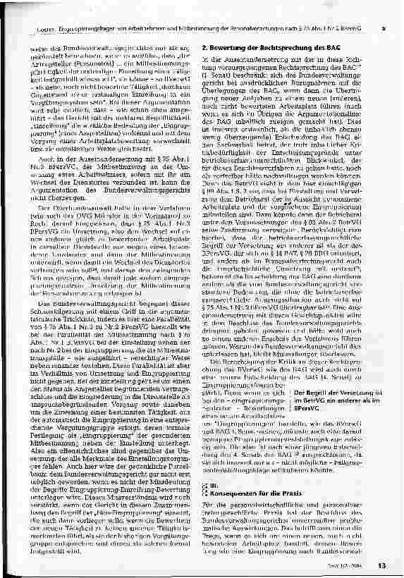 Vorschauseite 5: Eingruppierungsfragen von Arbeitnehmern und Mitbestimmnung der Personalvertretungen nach § 75 Abs. 1 Nr. 2 BPersVG Eine Auseinandersetzung mit der Entscheidung des Bundesverwaltun…