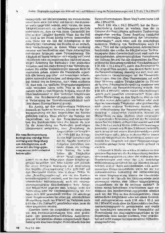 Vorschauseite 6: Eingruppierungsfragen von Arbeitnehmern und Mitbestimmnung der Personalvertretungen nach § 75 Abs. 1 Nr. 2 BPersVG Eine Auseinandersetzung mit der Entscheidung des Bundesverwaltun…