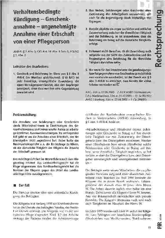 Vorschauseite 1: Verhaltensbedingte Kündigung - Geschenkananhme - ungenehmigte Annahme einer Erbschaft von einer Pflegeperson BAG, Urt. v. 17. 06. 2003